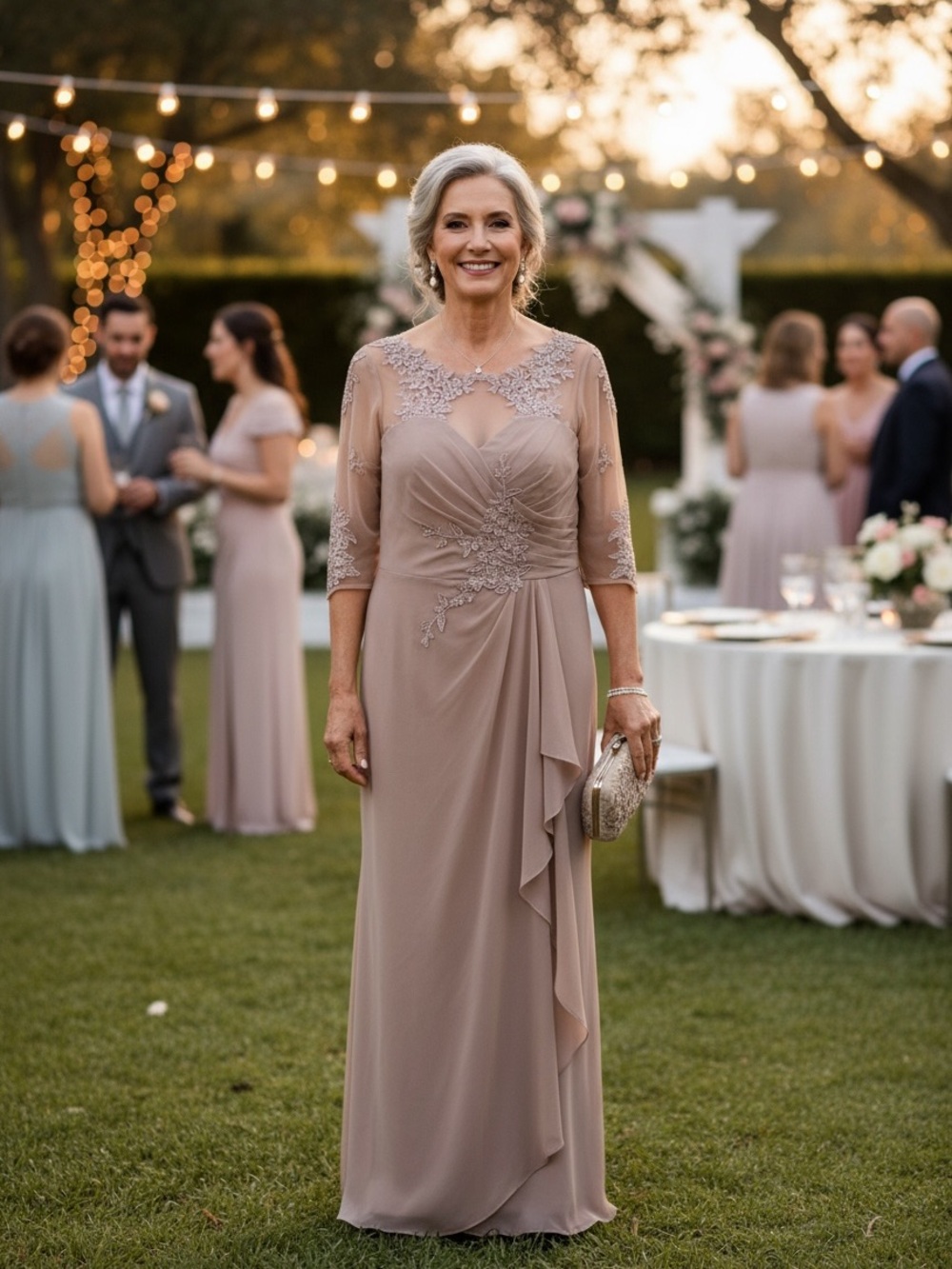 Chiffon Taupe Maxi Dress with Lace and beaded Bodice for Women